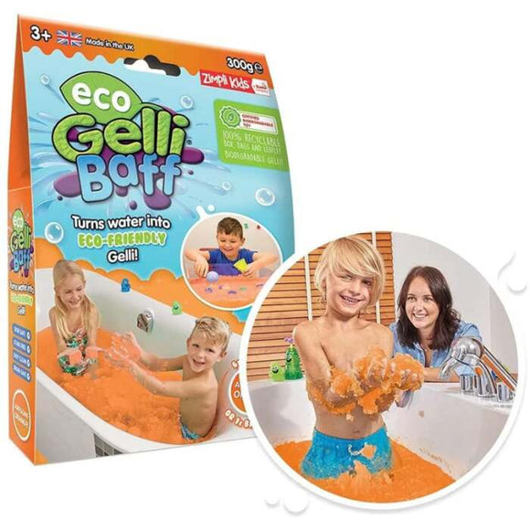 Zimpli Gelli Baff by Zimpli Kids features packaging with two smiling children in a bathtub filled with orange gel, ideal for multi-sensory play. A circular inset shows a child holding the eco-friendly, biodegradable gel while an adult smiles nearby.