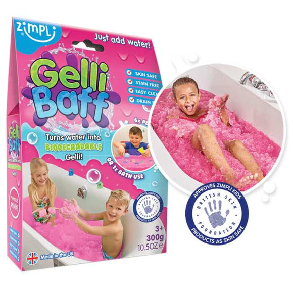 The Zimpli Gelli Baff packaging by Zimpli Kids shows a child enjoying multi-sensory play in a bathtub filled with biodegradable pink gel, ideal for kids aged 3 and up.