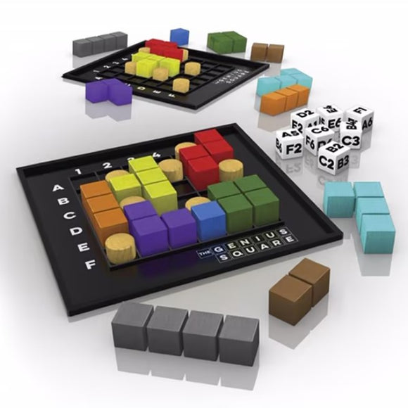 Two grids from The Happy Puzzle Company's "The Genius Square" board game feature vibrant blocks, dice, and scattered letters and numbers. They invite players into a challenging world of clever moves and strategic thinking.