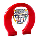 A large, vibrant red horseshoe magnet branded as "Massive Magnet" by BRAINSTORM TOYS is showcased. Highlighting the wonders of magnetism, the packaging indicates it's designed for children aged 3 and up, complete with images of a child discovering its potential as a STEM toy. The ends are labeled with "N" and "S".
