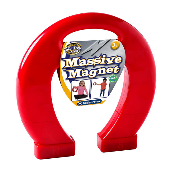 A large, vibrant red horseshoe magnet branded as "Massive Magnet" by BRAINSTORM TOYS is showcased. Highlighting the wonders of magnetism, the packaging indicates it's designed for children aged 3 and up, complete with images of a child discovering its potential as a STEM toy. The ends are labeled with "N" and "S".