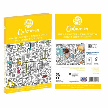 The "Giant Poster / Tablecloth – Construction City" by eggnogg is a fun coloring activity with black and white city-themed illustrations. The packaging displays the eggnogg logo on the front, while the back describes this engaging giant poster tablecloth.