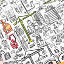 The eggnogg Giant Poster / Tablecloth – Construction City features a black and white illustrated construction scene with cranes, cement mixers, trucks, workers, and tools. Some elements are highlighted in orange and green, perfect for a colouring-in craft activity.