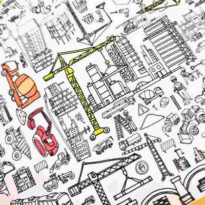 The eggnogg Giant Poster / Tablecloth – Construction City features a black and white illustrated construction scene with cranes, cement mixers, trucks, workers, and tools. Some elements are highlighted in orange and green, perfect for a colouring-in craft activity.