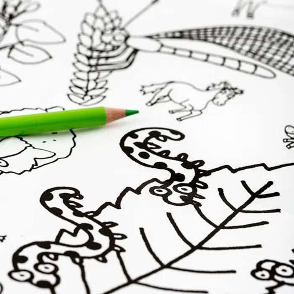 Introducing the eggnogg Giant Poster / Tablecloth – Countryside: a black and white coloring page featuring leaves, a horse, and decorative elements. Perfect for crafts, it's accompanied by a green colored pencil to bring this serene scene to life.