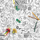 The eggnogg Giant Poster / Tablecloth – Countryside is a detailed black and white doodle art featuring animals, plants, leaves, flowers, horses, birds, and tiny houses. With areas for coloring using pencils, it’s perfect for whimsical crafting sessions.