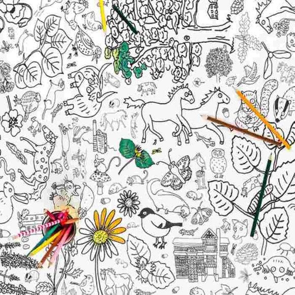 The eggnogg Giant Poster / Tablecloth – Countryside is a detailed black and white doodle art featuring animals, plants, leaves, flowers, horses, birds, and tiny houses. With areas for coloring using pencils, it’s perfect for whimsical crafting sessions.