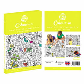 A bright yellow box for eggnogg's "Giant Poster / Tablecloth – Countryside" features a detailed, partly colored illustration on the front and displays kids enjoying the coloring activity with extra product info on the back.