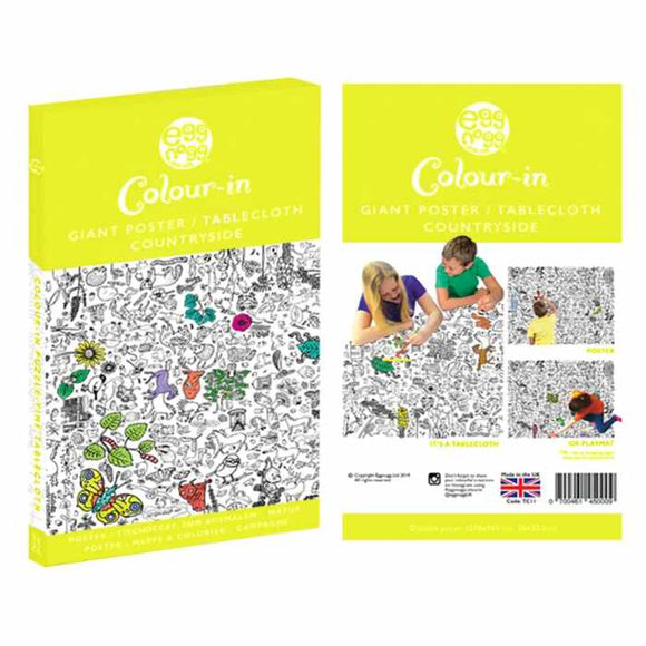 A bright yellow box for eggnogg's "Giant Poster / Tablecloth – Countryside" features a detailed, partly colored illustration on the front and displays kids enjoying the coloring activity with extra product info on the back.