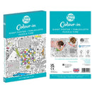 Packaging for an "Giant Poster / Tablecloth – Puzzletime" by eggnogg. Printed on durable paper, it features colorful line drawings of animals and plants against a white background. Perfect for children's parties, it includes product details and environmental certifications.