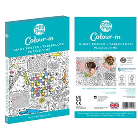 Packaging for an "Giant Poster / Tablecloth – Puzzletime" by eggnogg. Printed on durable paper, it features colorful line drawings of animals and plants against a white background. Perfect for children's parties, it includes product details and environmental certifications.