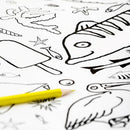 The Giant Poster / Tablecloth – Seaside by eggnogg features black and white line drawings of a fish, popsicle, pelican, starfish, and more. Great for children's parties or seaside-themed décor. A yellow pencil hints at coloring possibilities.