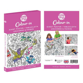 Two eggnogg packaging boxes for the "Giant Poster/Tablecloth - Unicorns & Fairies" highlight enchanting creativity. One showcases unicorn and fairy drawings, while the other depicts children engaged in coloring. An English text with a UK flag accompanies them.