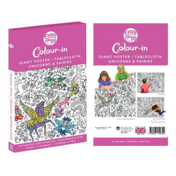 Two eggnogg packaging boxes for the "Giant Poster/Tablecloth - Unicorns & Fairies" highlight enchanting creativity. One showcases unicorn and fairy drawings, while the other depicts children engaged in coloring. An English text with a UK flag accompanies them.