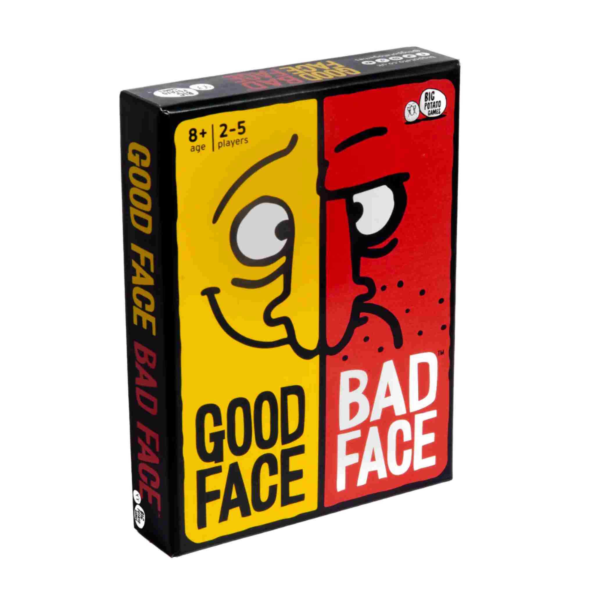 Box of Big Potato's "Good Face Bad Face," a dynamic party card game designed for ages 8 and up and suitable for 2-5 players. The box features an eye-catching split face design: the left side is yellow with a smiling face, while the right side is red with a frowning face.