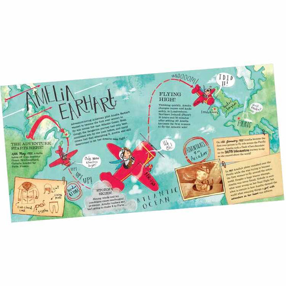 The "Great Woman Who Changed The World Book" by Bloomsbury Children's Books includes an illustrated map of Amelia Earhart's transatlantic flight, featuring her plane, flight path with arrows, ocean waves, and Paris. Text boxes provide historical facts and details about her journey.