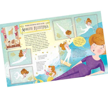 The "Great Woman Who Made History Activity Book" by Bloomsbury Activity Books features an illustrated comic-style page titled "Design Bathing Suits with Annette Kellerman," celebrating Girl Power. The page includes images of a woman in various swimming poses and quotes about her pioneering swimwear designs. A blue background with decorative stars and waves complements the theme, highlighting influential women throughout history.