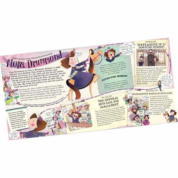 This illustrated timeline about Flora Drummond showcases her on horseback, championing women's suffrage. Dive into key moments of activism with "Votes for Women" slogans and newspaper clippings, celebrating remarkable women and girl power through engaging text and vivid images. This is an ideal feature of the Great Woman Who Made History Activity Book by Bloomsbury Activity Books.