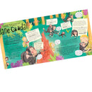 The "Great Women Who Saved The Planet Book" by Bloomsbury Children's Books features an illustrated page on Jane Goodall, showcasing vibrant chimpanzee drawings and jungle scenes. Speech bubbles provide facts about her pioneering work, with text and images playfully arranged.