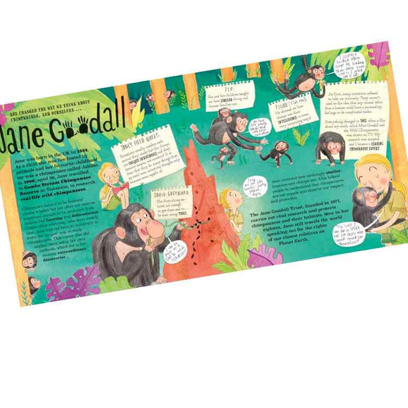 The "Great Women Who Saved The Planet Book" by Bloomsbury Children's Books features an illustrated page on Jane Goodall, showcasing vibrant chimpanzee drawings and jungle scenes. Speech bubbles provide facts about her pioneering work, with text and images playfully arranged.