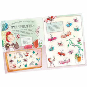 The *Great Woman Who Worked Wonders Activity Book* by Bloomsbury Activity Books brings to life the story of Maria Sibylla Merian on beautifully illustrated pages embellished with colorful butterfly stickers. A woman is captivated by the fluttering beauties and vibrant drawings, accompanied by educational text and engaging butterfly crafting activities in this empowering activity book.