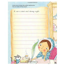 Illustration depicting a woman in a bonnet using a quill at her desk, inspired by Kate Pankhurst's homage to notable women. A cat is seated nearby, and above her is the caption: "It was a dark and stormy night." The page includes space for writing, creating an engaging scene for the Great Woman Who Changed the World Activity Book by Bloomsbury Activity Books.