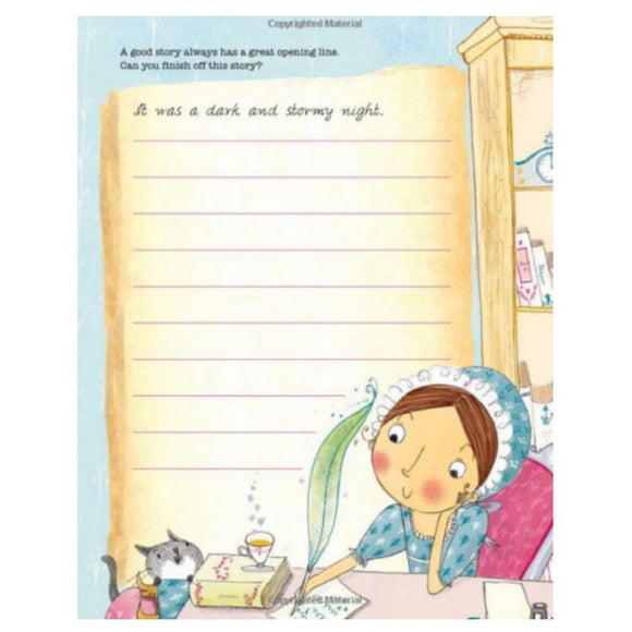 Illustration depicting a woman in a bonnet using a quill at her desk, inspired by Kate Pankhurst's homage to notable women. A cat is seated nearby, and above her is the caption: "It was a dark and stormy night." The page includes space for writing, creating an engaging scene for the Great Woman Who Changed the World Activity Book by Bloomsbury Activity Books.