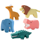 The Halftoys World set - Animal by Halftoys features five colorful, cartoon-like magnetic 3D animal toys—giraffe, lion, elephant, hippopotamus, and crocodile—with smooth edges and bright colors on a white background.