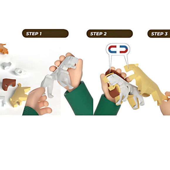 Three-step illustrated instructions show hands assembling Halftoys World set - Animal by Halftoys: Step 1—pieces laid out; Step 2—two pieces snapped together with magnet symbol; Step 3—a third piece joins, completing the interactive educational playset.
