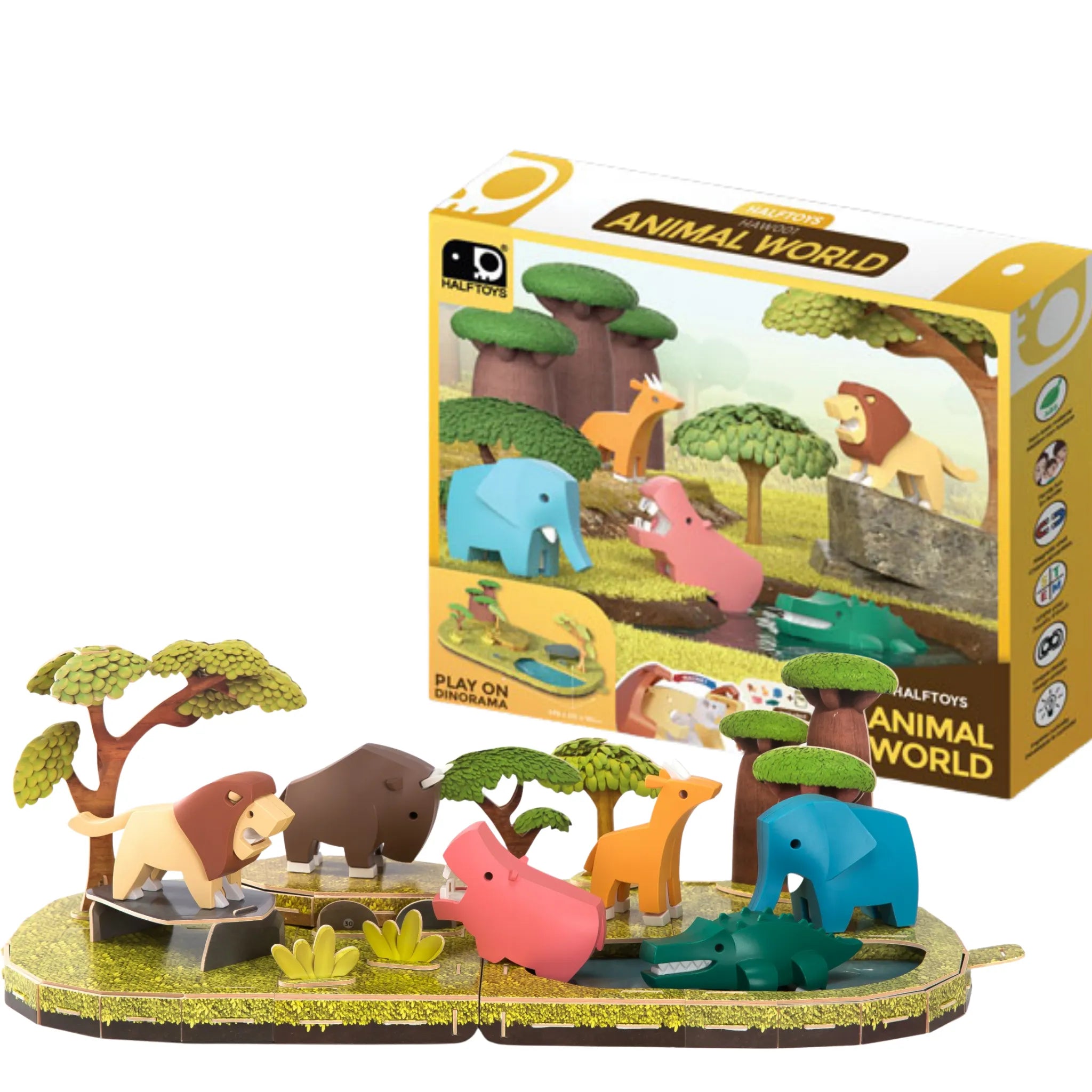 The Halftoys World set - Animal by Halftoys features colorful animal figures—lion, elephant, hippo, rhino, crocodile, and deer—on a jungle-themed play base with an illustrated jungle scene on the box. Perfect for animal playset fans.