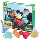 HALFTOYS Dino World toy set with colorful dinosaur figures and a box featuring a dinosaur landscape.