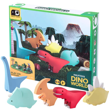 HALFTOYS Dino World toy set with colorful dinosaur figures and a box featuring a dinosaur landscape.