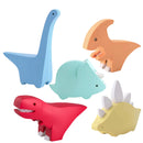 Set of 5 colourful dinosaur toys on a white background