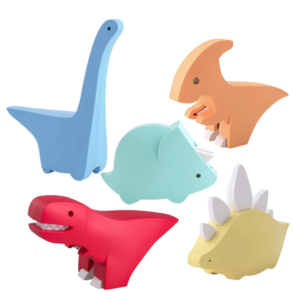 Set of 5 colourful dinosaur toys on a white background
