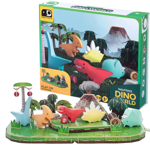 Dinosaur toy set with colourful models and a Half Toys Dino World box in the background