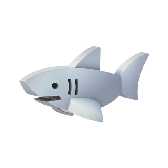 The Halftoys Diorama - White Shark by Halftoys features a simple, cartoon-style gray shark with sharp teeth and black oval eyes, ideal for educational shark toys or sea animal playsets. Displayed on a white background.