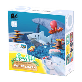 Halftoys Diorama - White Shark by Halftoys features a magnetic 3D shark puzzle and an underwater scene with a shark, octopus, and coral. Great for ages 3+, it's perfect for STEM learning and sea animal playsets.