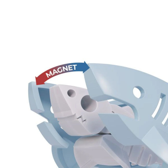 A close-up of the Halftoys Diorama - White Shark by Halftoys shows its open mouth and a magnetic connection, highlighted with a red and blue "MAGNET" arrow—ideal for educational shark toys and STEM learning.