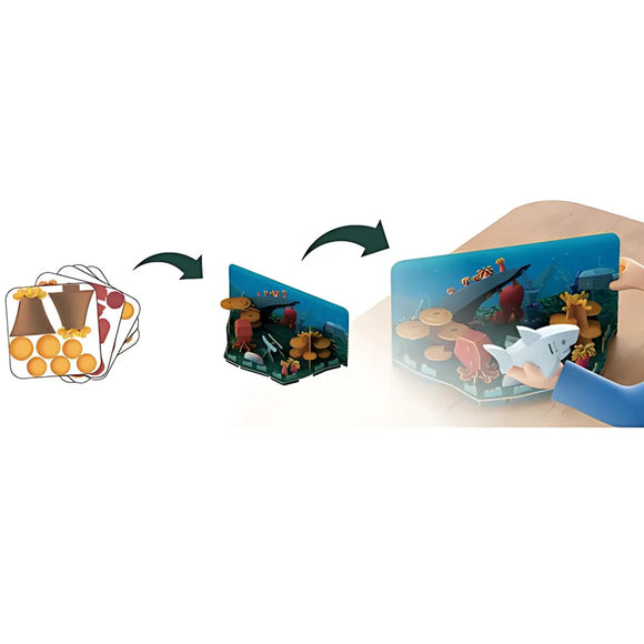 Illustration shows a sequence: a flat Halftoys Diorama - White Shark card with tokens, an arrow to a pop-up ocean scene, then another arrow to a hand interacting with the Halftoys educational shark toy pop-up.