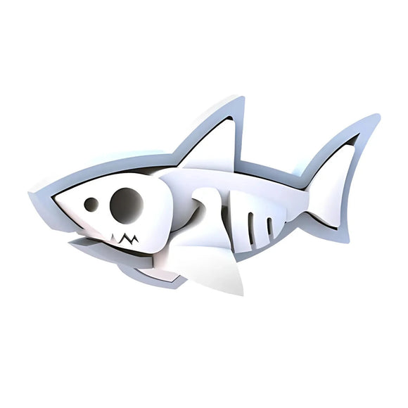 The Halftoys Diorama - White Shark by Halftoys features a stylized cartoon shark skeleton with exaggerated details, making it a unique addition to educational shark toys or sea animal playsets. White and gray design on a plain background.