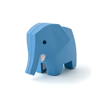 The Halftoys Diorama - Elephant by Halftoys is a minimalist blue elephant figurine with smooth edges, ideal for educational play or as part of interactive animal playsets, shown on a white background.