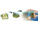 A sequence shows Halftoys illustrated jungle cards, assembling them into a Halftoys Diorama - Elephant 3D scene, and placing the elephant animal figure in the finished diorama on a tabletop.