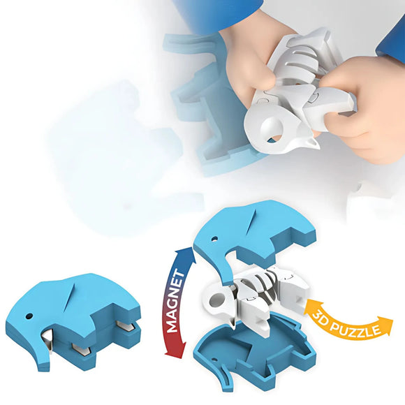 A pair of hands assembles the Halftoys Diorama - Elephant by Halftoys, connecting blue and white magnetic pieces. Below, the educational toy is split to show its inner and outer parts with arrows marking 3D and magnetic connections.