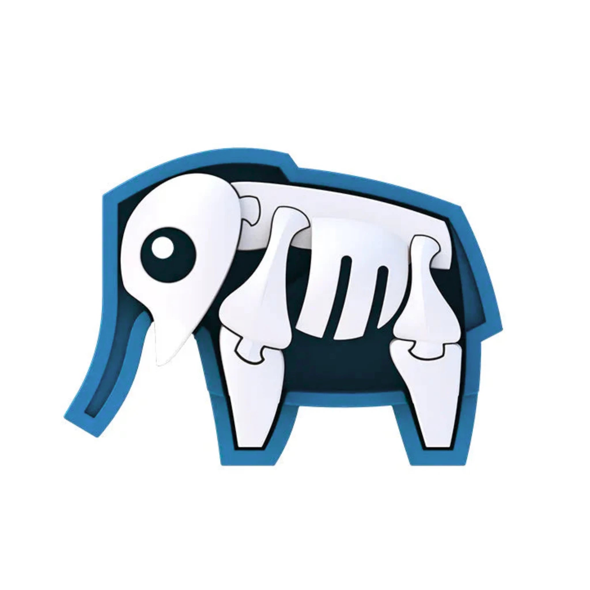 Halftoys Diorama - Elephant by Halftoys features a cartoon-style elephant with a blue-outlined, simplified white skeleton inside on a plain white background—great inspiration for educational elephant or STEM toys.