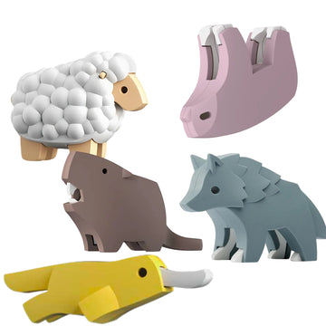 The Halftoys World Set - Forest by Halftoys features five pastel-colored wooden animal toys—a sheep, camel, beaver, wolf, and elephant—each simplified in design and shown on a white background.