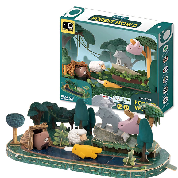The Halftoys World Set - Forest by Halftoys is a colorful magnetic animal playset with forest animals (sheep, pig, elephant, hedgehog, duck) and trees on a themed mat. Includes a matching illustrated box. Suitable for ages 3+.