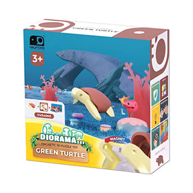 A box of "Halftoys Diorama - Green Turtle" 3D magnetic puzzle toy for ages 3+, featuring cartoon turtles, an ocean-themed playset, STEM icons, and the Halftoys brand logo in the top left corner.