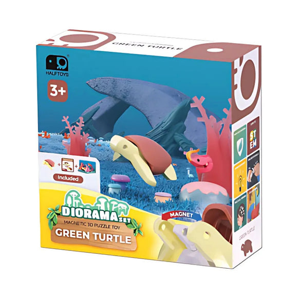 A box of "Halftoys Diorama - Green Turtle" 3D magnetic puzzle toy for ages 3+, featuring cartoon turtles, an ocean-themed playset, STEM icons, and the Halftoys brand logo in the top left corner.