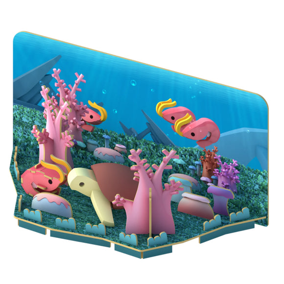 A vibrant cartoon-style underwater scene with Halftoys Diorama - Green Turtle by Halftoys among pink corals, cheerful sea creatures, and yellow-orange accents on a green ocean floor—ideal for an ocean-themed playset. Blue water and rocks in the background.