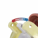 A digital illustration of two yellow components with holes, labeled "MAGNET" with a red and blue arrow, highlights the magnetic connection in the Halftoys Diorama - Green Turtle by Halftoys, common in many STEM learning toys.